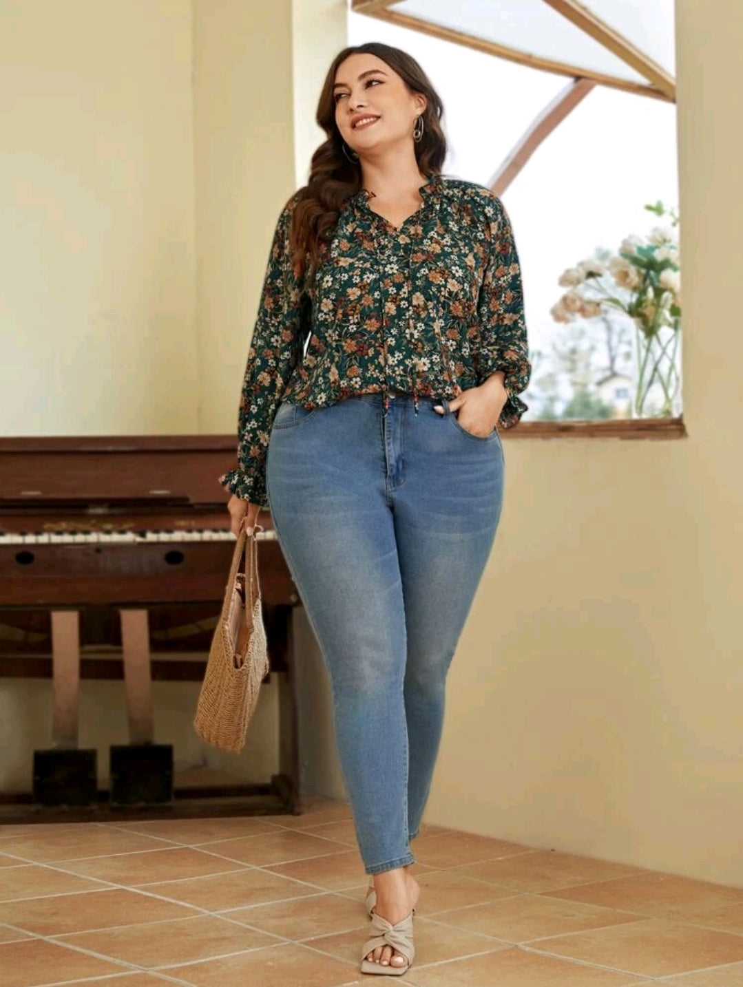 Green flower top, 0XL,1XL