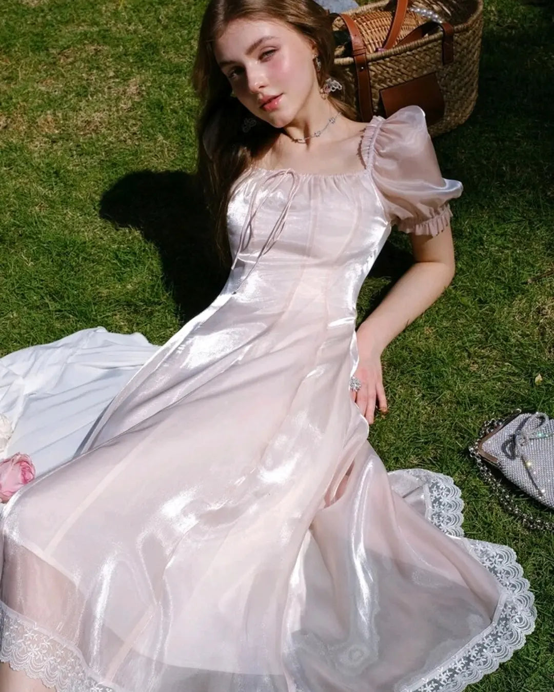 Organza light pink party dress, M size