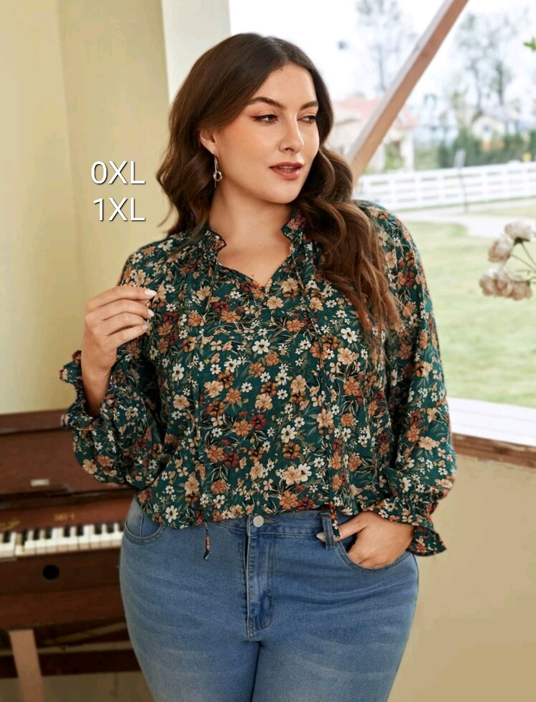 Green flower top, 0XL,1XL