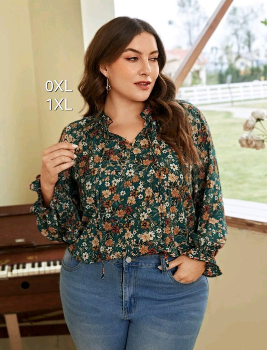 Green flower top, 0XL,1XL