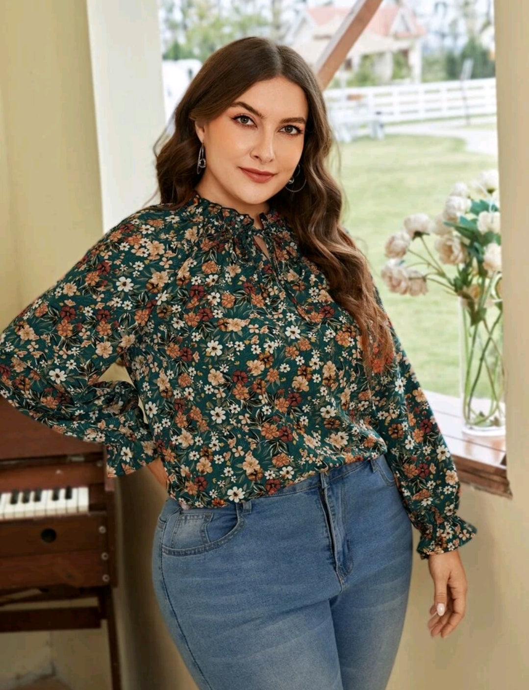 Green flower top, 0XL,1XL
