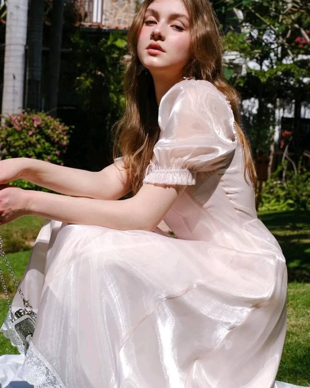 Organza light pink party dress, M size