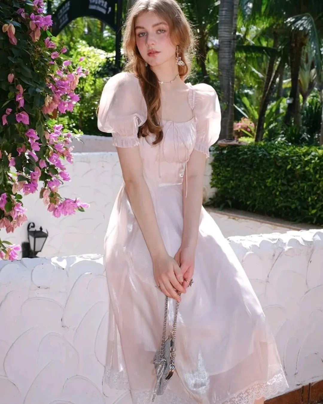 Organza light pink party dress, M size