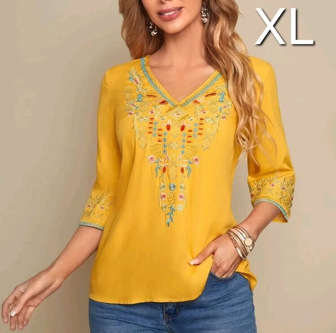 Yellow embroidered top, XL