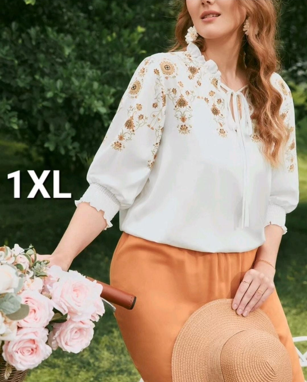 White top brown flowers, 1XL